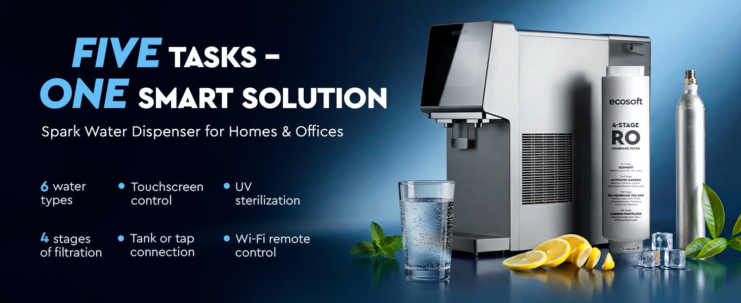 Ecosoft SPARK smart countertop reverse osmosis dispenser with sparkling, cold & hot water