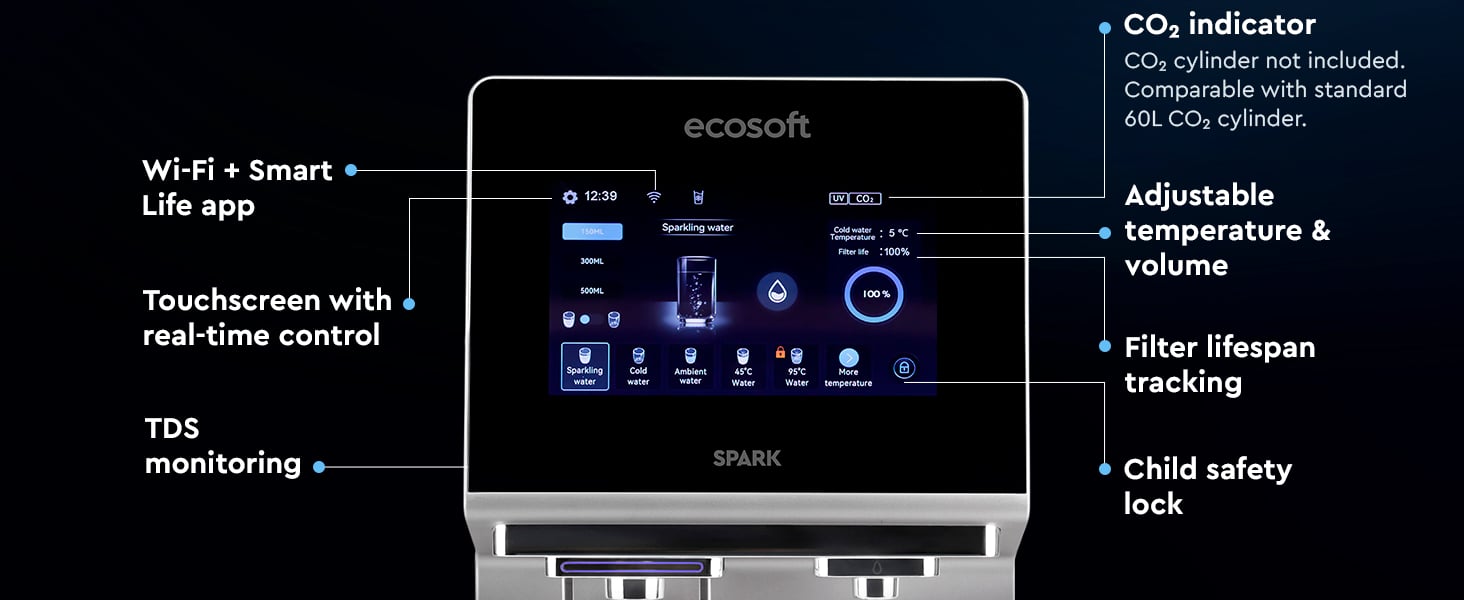 Ecosoft SPARK smart countertop reverse osmosis dispenser with sparkling, cold & hot water
