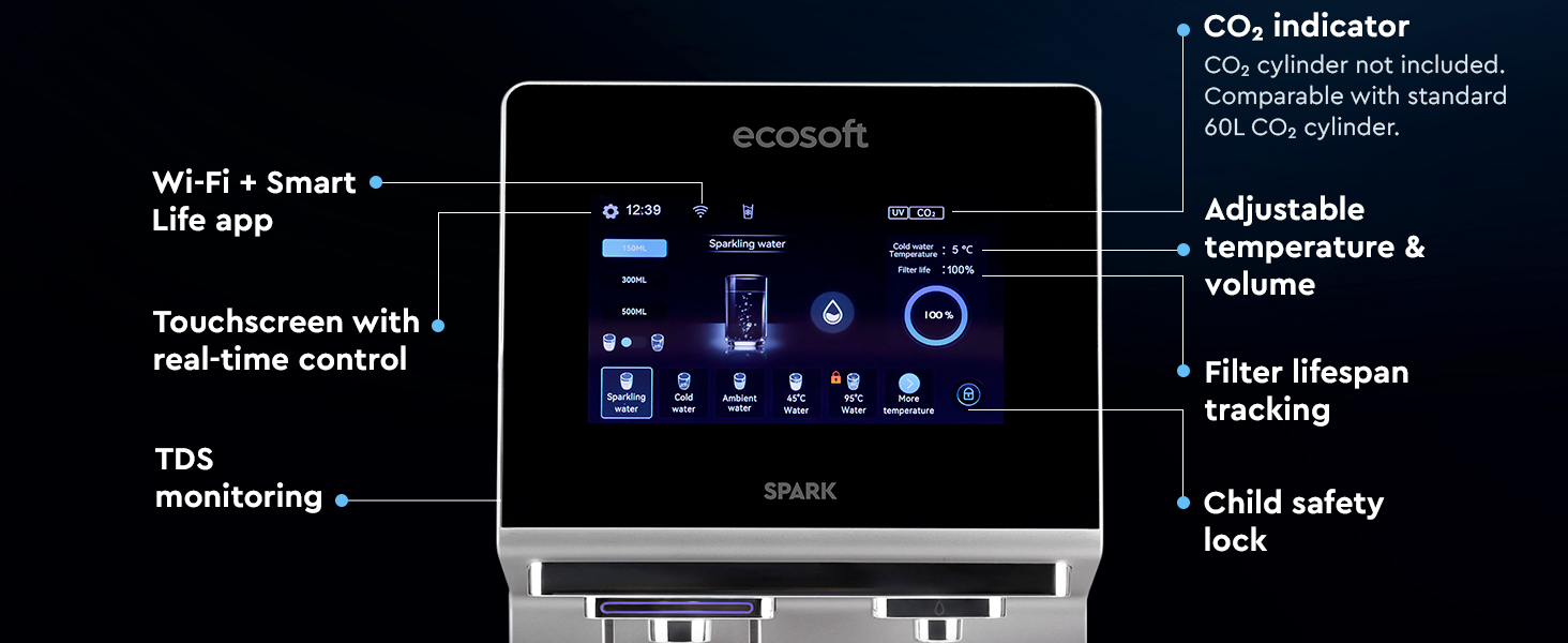 Ecosoft SPARK smart countertop reverse osmosis dispenser with sparkling, cold & hot water