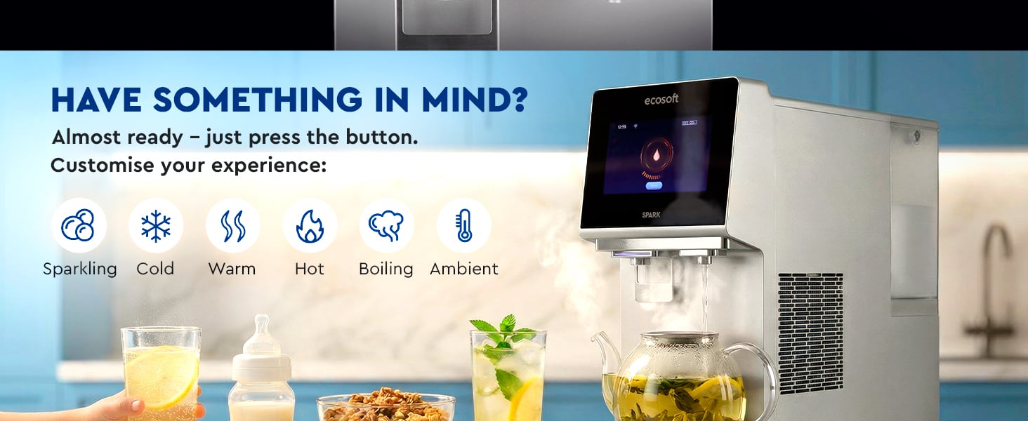 Ecosoft SPARK smart countertop reverse osmosis dispenser with sparkling, cold & hot water