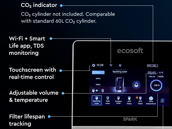 Ecosoft SPARK smart countertop reverse osmosis dispenser with sparkling, cold & hot water