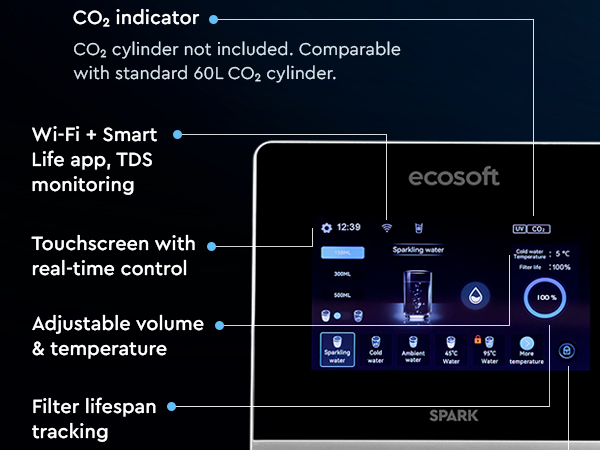 Ecosoft SPARK smart countertop reverse osmosis dispenser with sparkling, cold & hot water