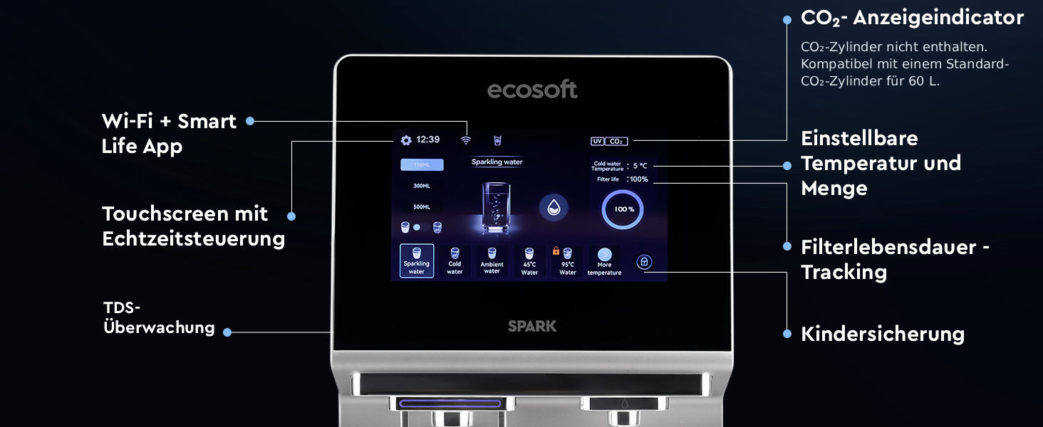 Ecosoft SPARK smart countertop reverse osmosis dispenser with sparkling, cold & hot water