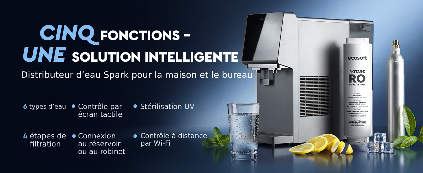 Ecosoft SPARK smart countertop reverse osmosis dispenser with sparkling, cold & hot water