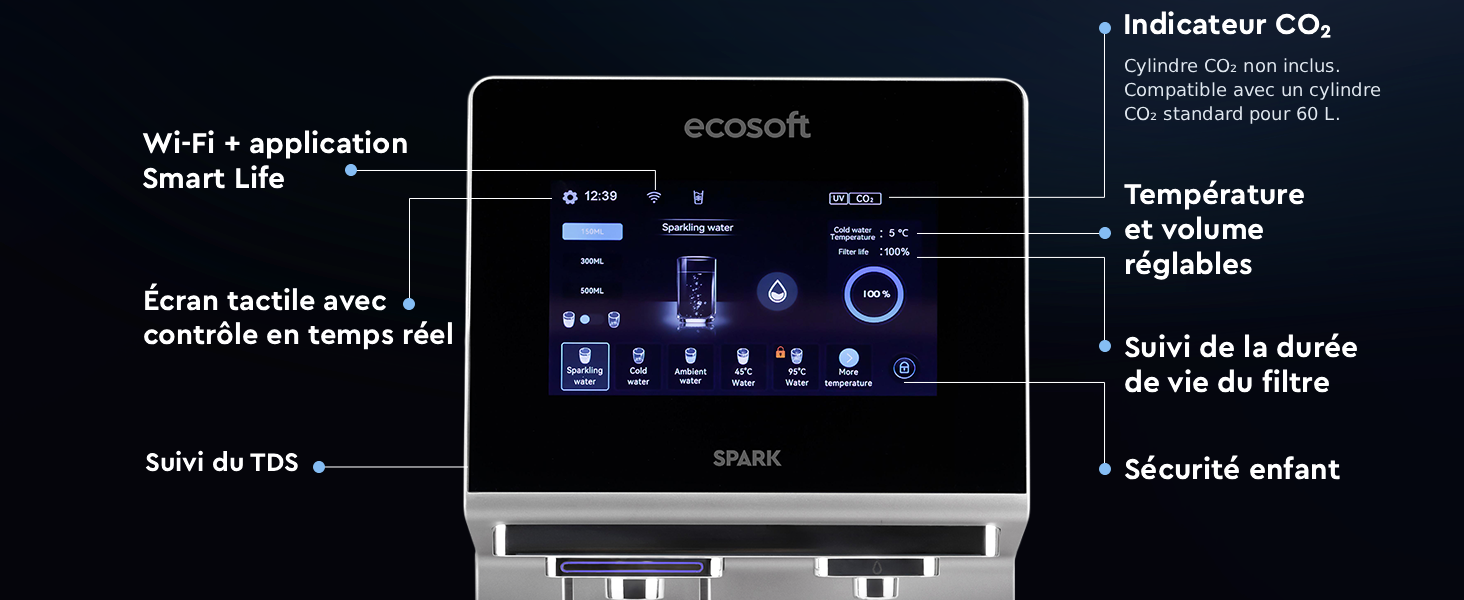 Ecosoft SPARK smart countertop reverse osmosis dispenser with sparkling, cold & hot water