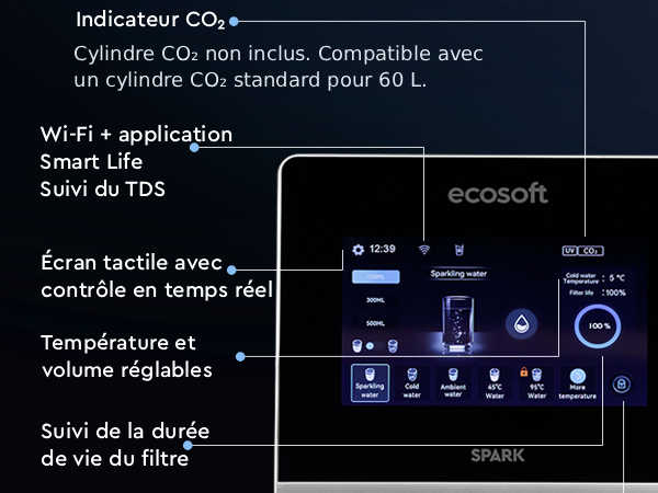 Ecosoft SPARK smart countertop reverse osmosis dispenser with sparkling, cold & hot water