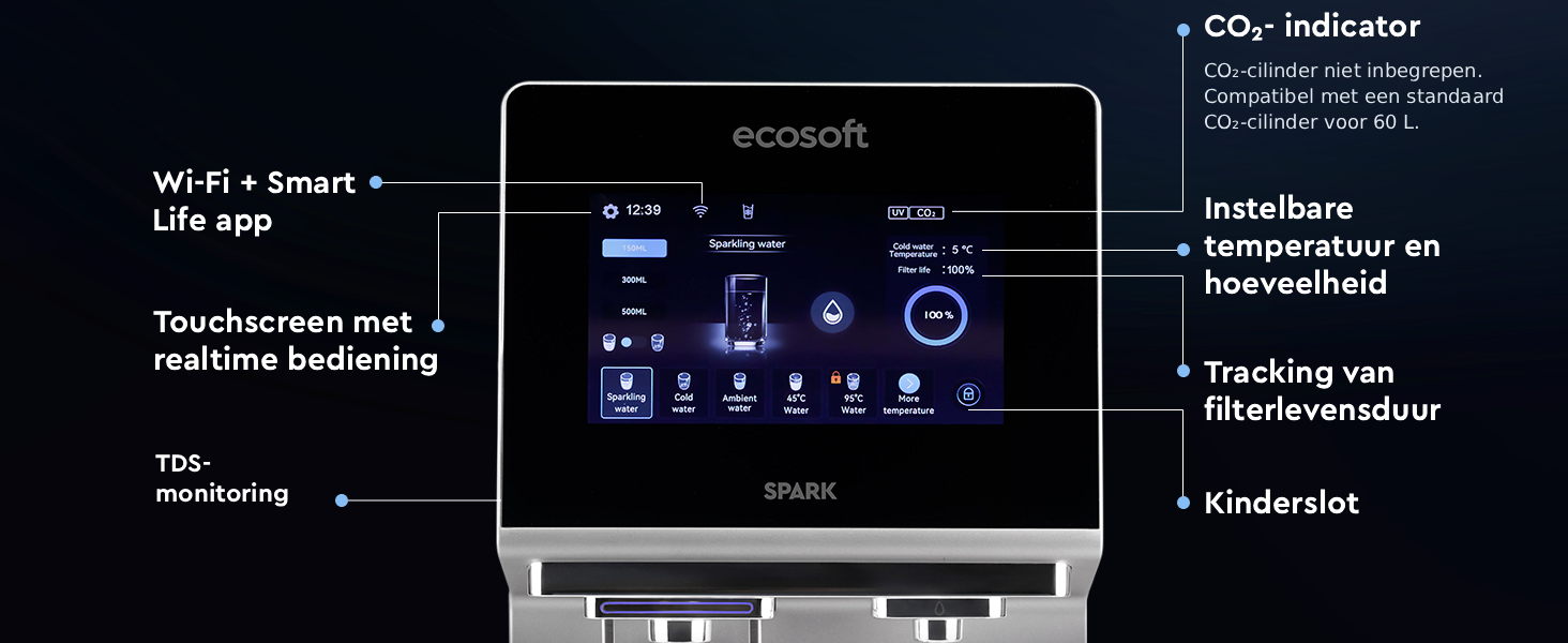 Ecosoft SPARK smart countertop reverse osmosis dispenser with sparkling, cold & hot water