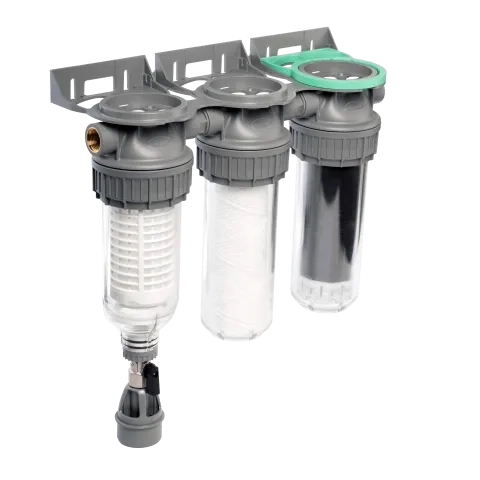 Ecosoft 3P Grey Triplex 10" rain water filter with flush valve, connection ¾"
