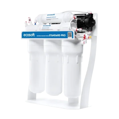 Ecosoft Standard PRO reverse osmosis filter with mineralization and pump on metal rack