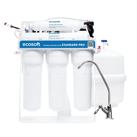 Ecosoft Standard PRO reverse osmosis filter with mineralization and pump on metal rack