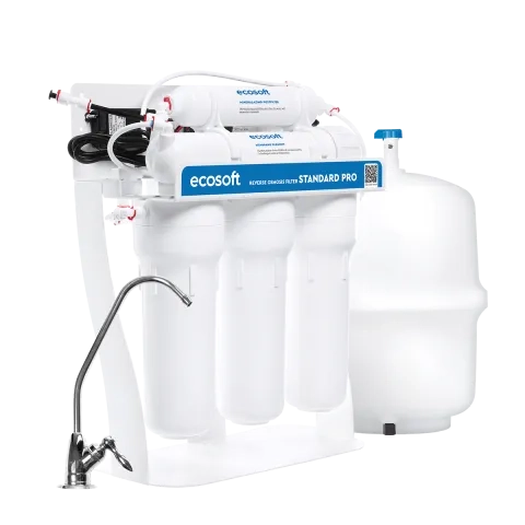 Ecosoft Standard PRO reverse osmosis filter with mineralization and pump on metal rack