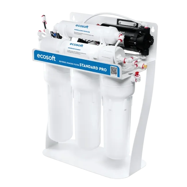 Ecosoft Standard PRO reverse osmosis filter with mineralization and pump on metal rack