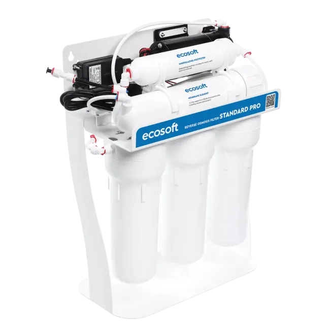 Ecosoft Standard PRO reverse osmosis filter with mineralization and pump on metal rack
