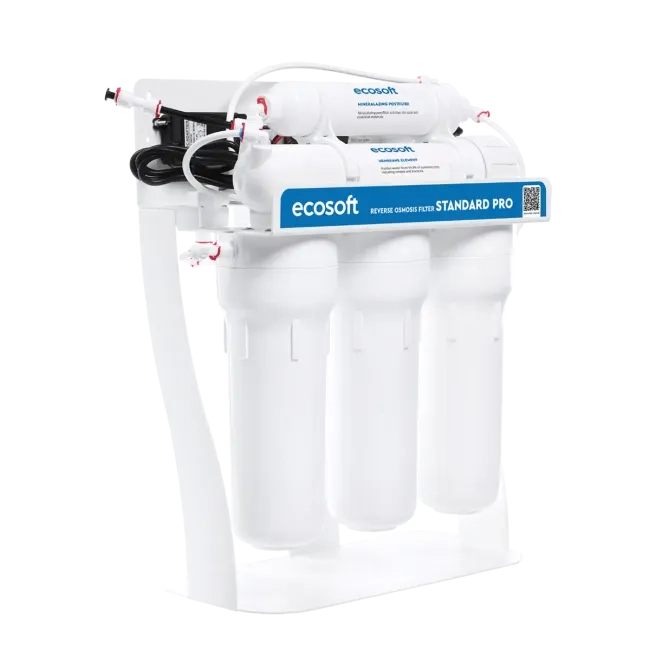 Ecosoft Standard PRO reverse osmosis filter with mineralization and pump on metal rack