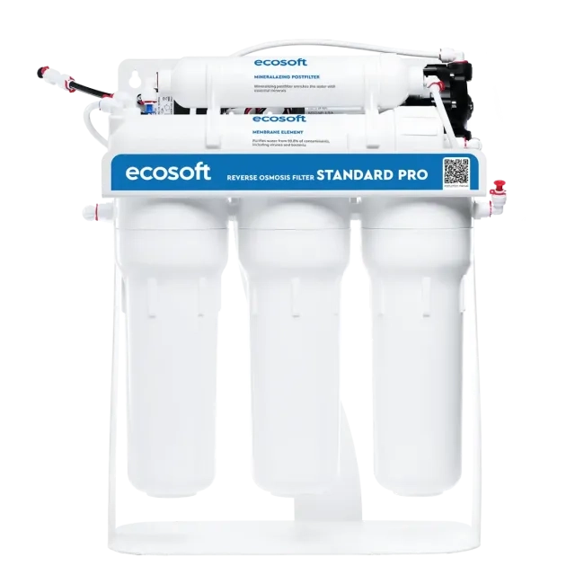 Ecosoft Standard PRO reverse osmosis filter with mineralization and pump on metal rack