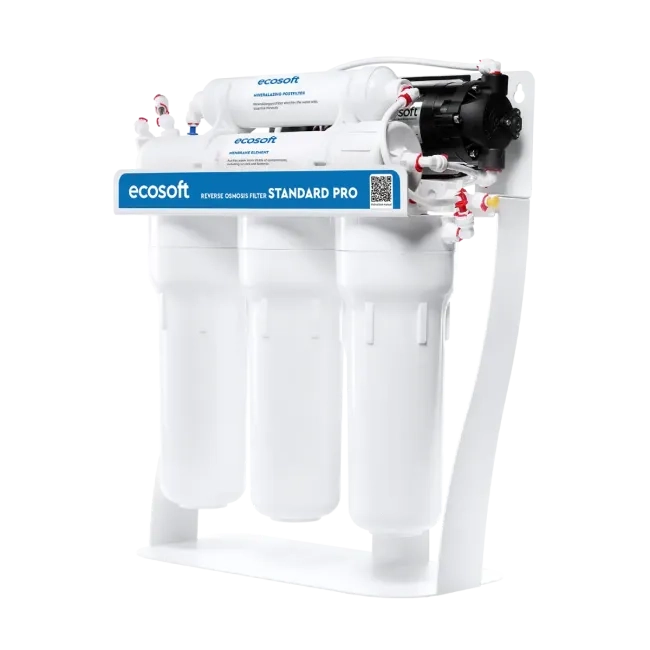 Price Ecosoft Standard PRO reverse osmosis filter with mineralization and pump on metal rack