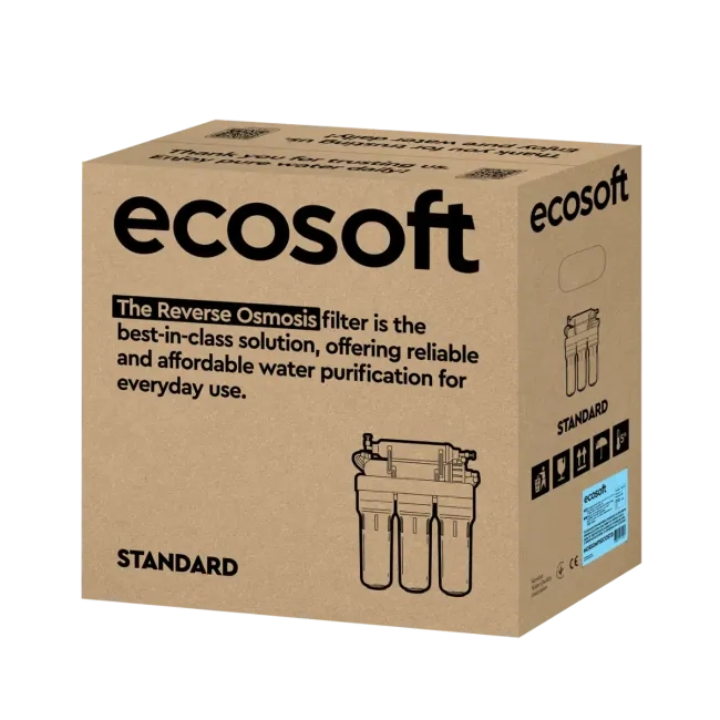 Ecosoft Standard PRO reverse osmosis filter with mineralization and pump on metal rack