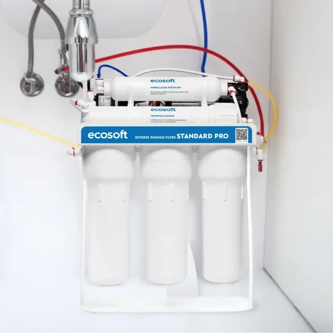 Ecosoft Standard PRO reverse osmosis filter with mineralization and pump on metal rack