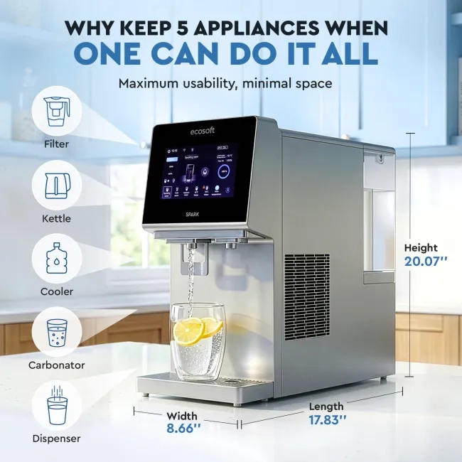 Ecosoft SPARK smart countertop reverse osmosis dispenser with sparkling, cold & hot water