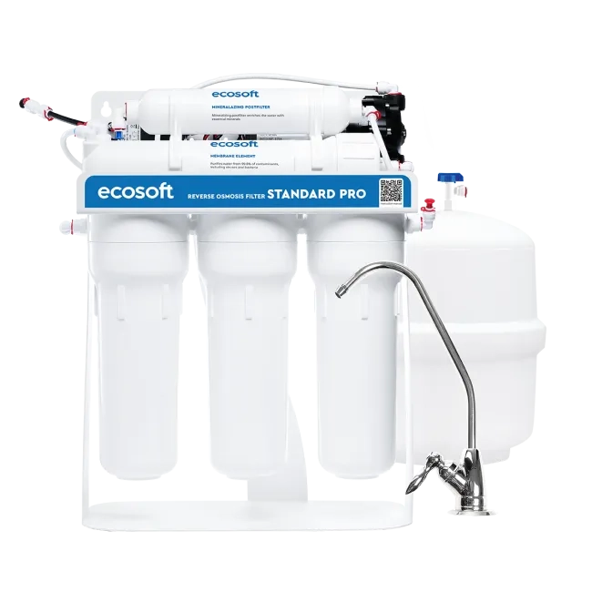 Ecosoft Standard PRO reverse osmosis filter with mineralization and pump on metal rack