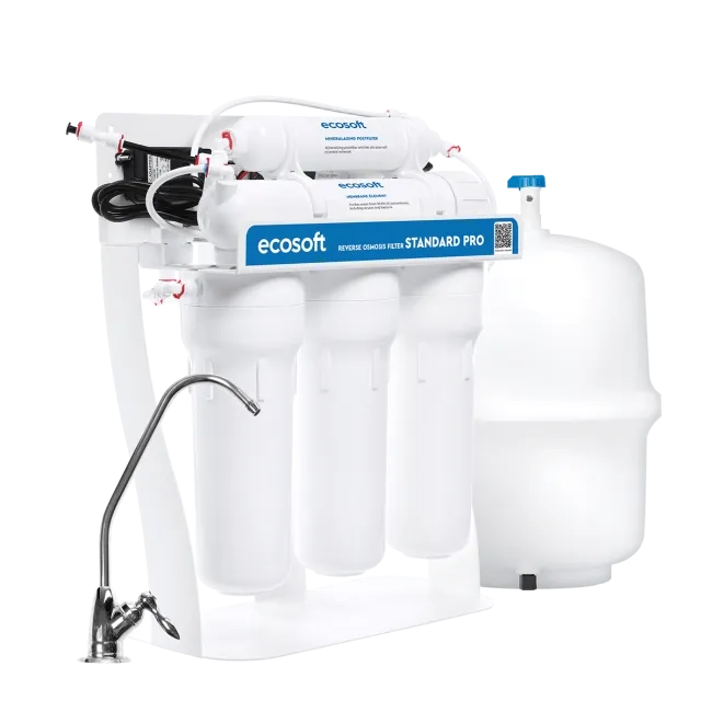 Ecosoft Standard PRO reverse osmosis filter with mineralization and pump on metal rack
