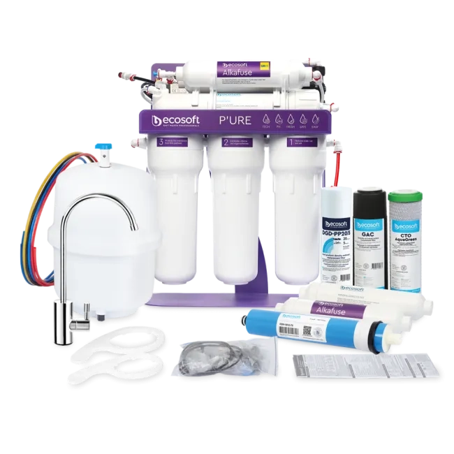 PURE Alkafuse reverse osmosis filter on metal rack with pump