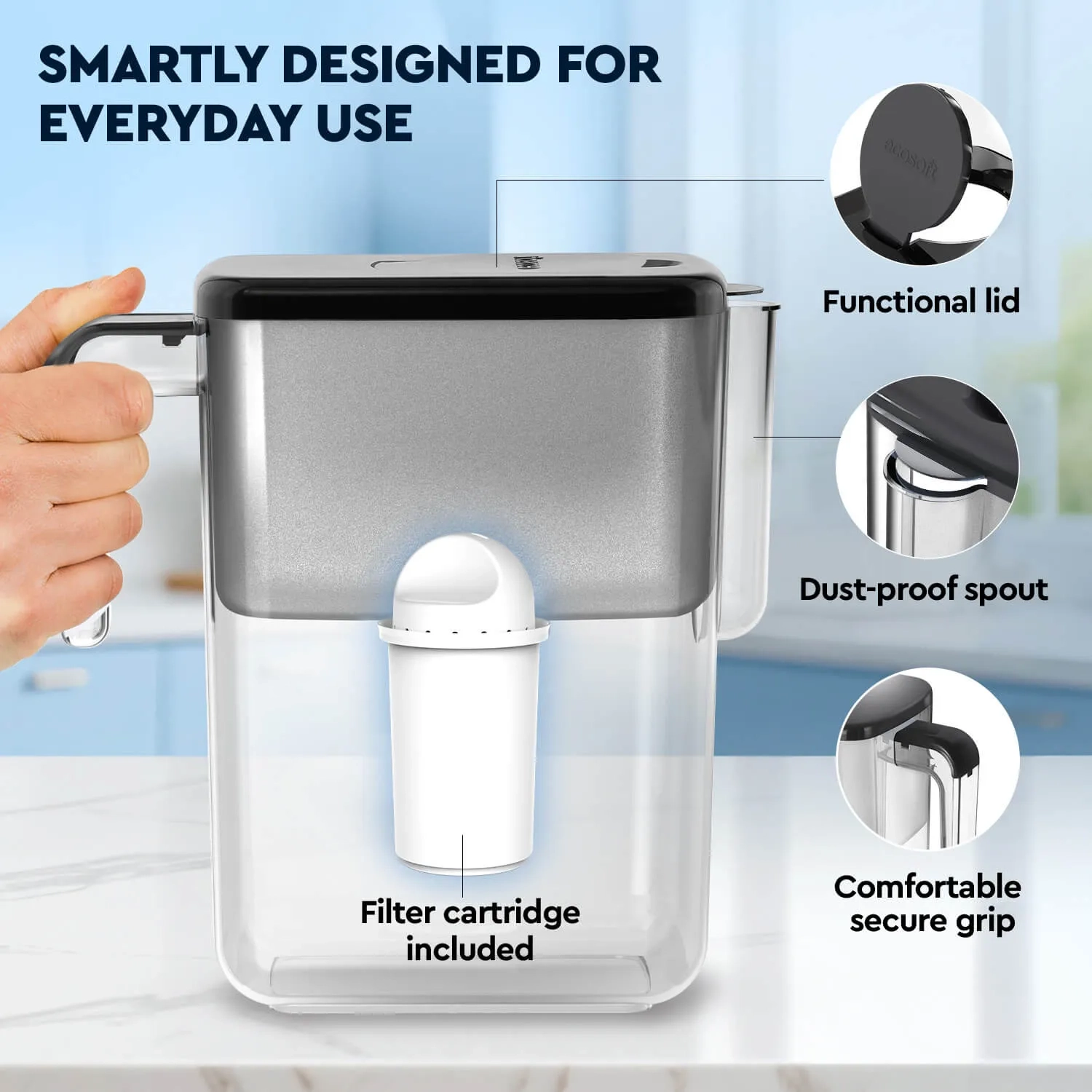 Slim Grey water filter jug