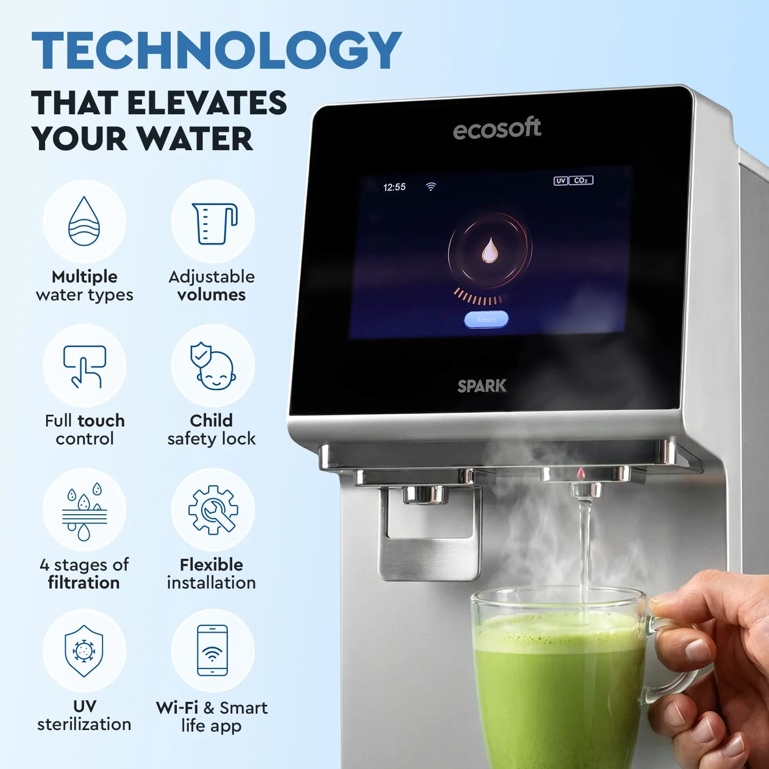 Ecosoft SPARK smart countertop reverse osmosis dispenser with sparkling, cold & hot water