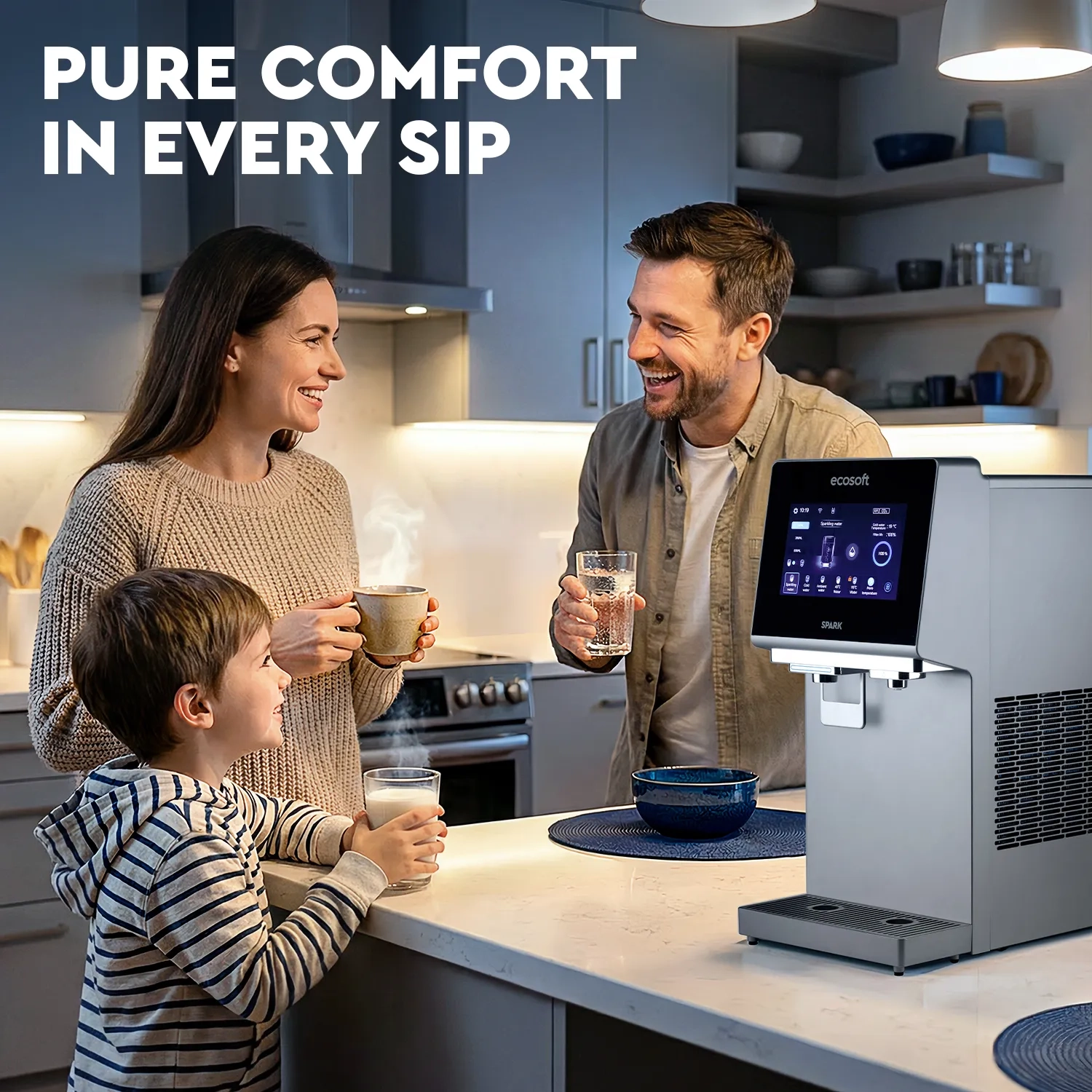 Ecosoft SPARK smart countertop reverse osmosis dispenser with sparkling, cold & hot water