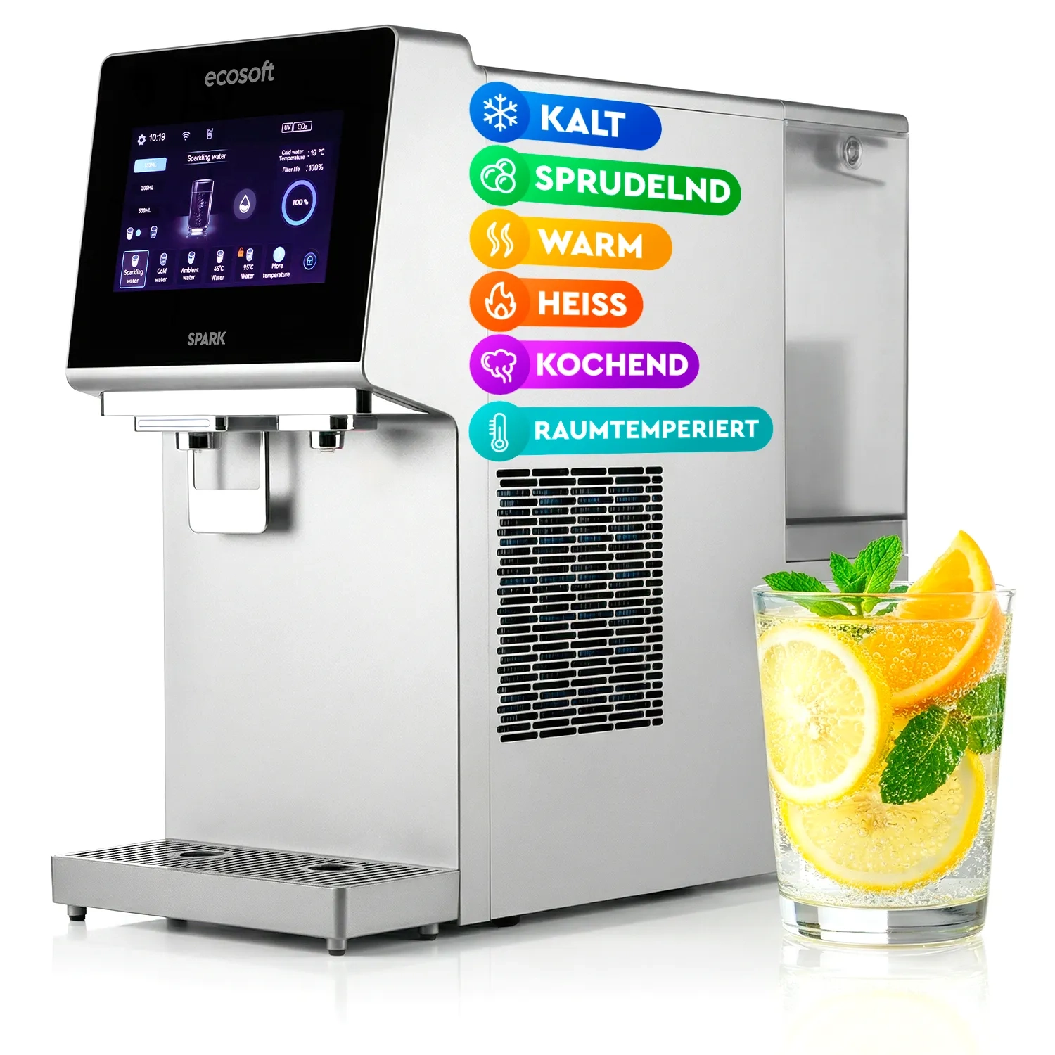 Ecosoft SPARK smart countertop reverse osmosis dispenser with sparkling, cold & hot water