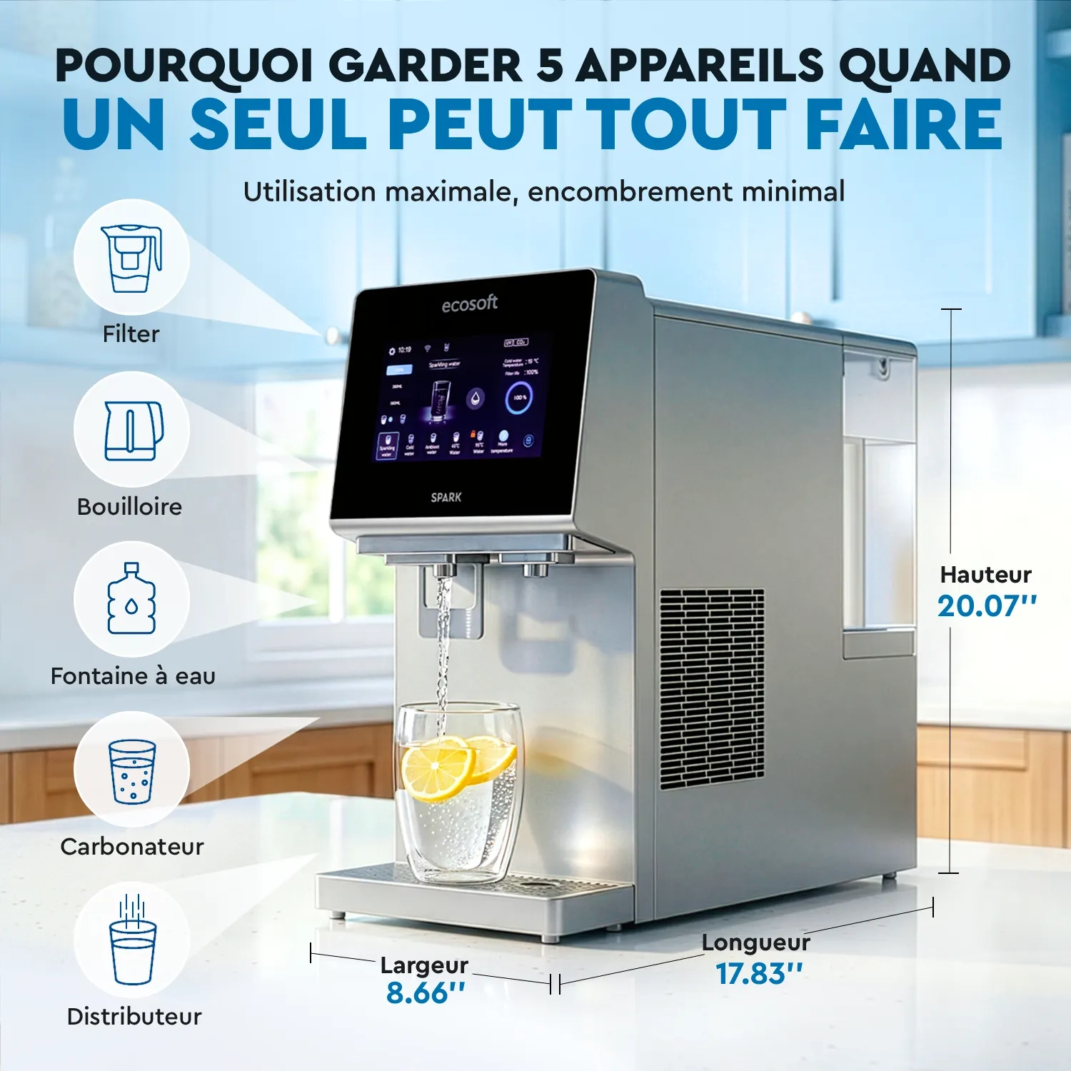 Ecosoft SPARK smart countertop reverse osmosis dispenser with sparkling, cold & hot water