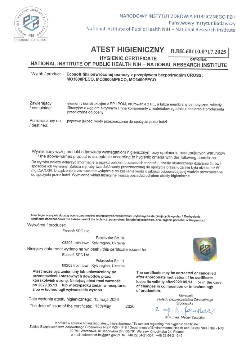Hygienic Certificate for Ecosoft CROSS direct flow reverse osmosis filter: MO3600PECO, MO3600MPECO, MO3400PECO