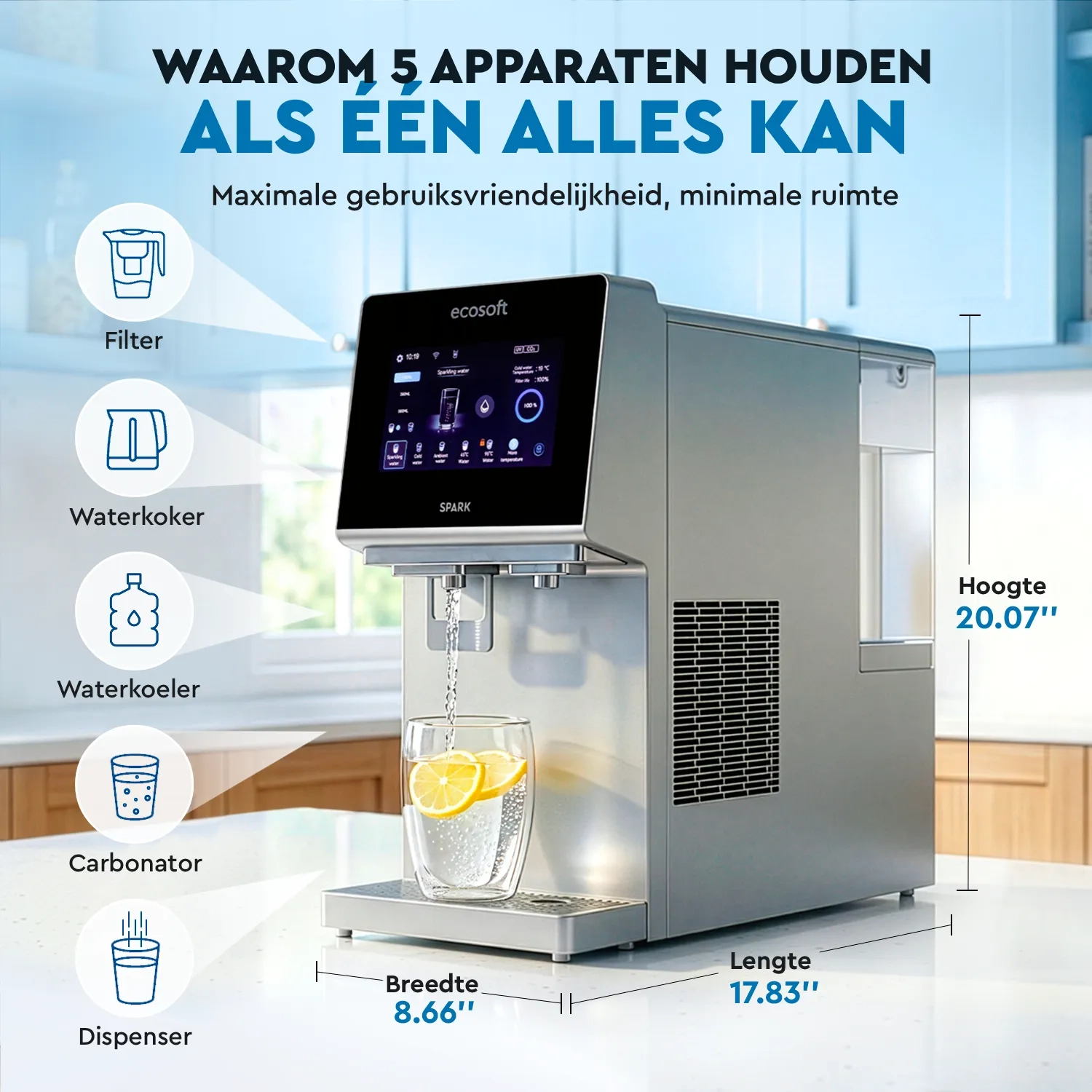 Ecosoft SPARK smart countertop reverse osmosis dispenser with sparkling, cold & hot water