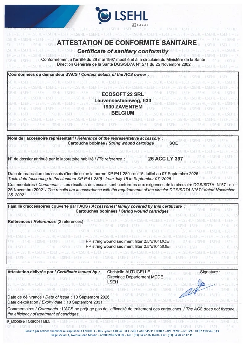 Certificate of sanitary conformity of PP string wound sediment filte