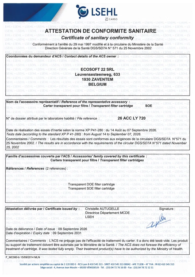 Certificate of sanitary conformity transparent filter cartridge