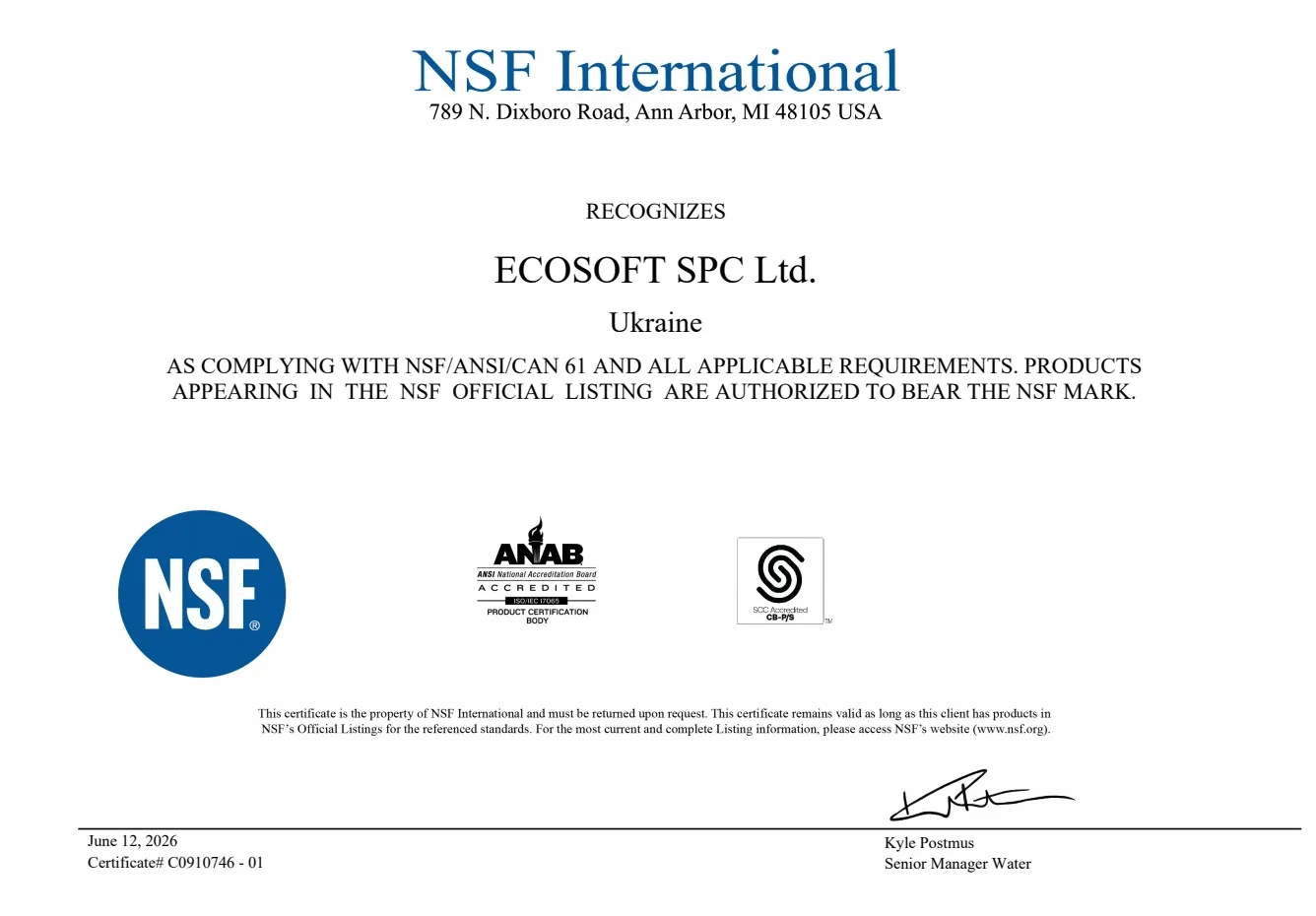 NSF Certification (USA) for Ecosoft Commercial and Industrial RO Membranes