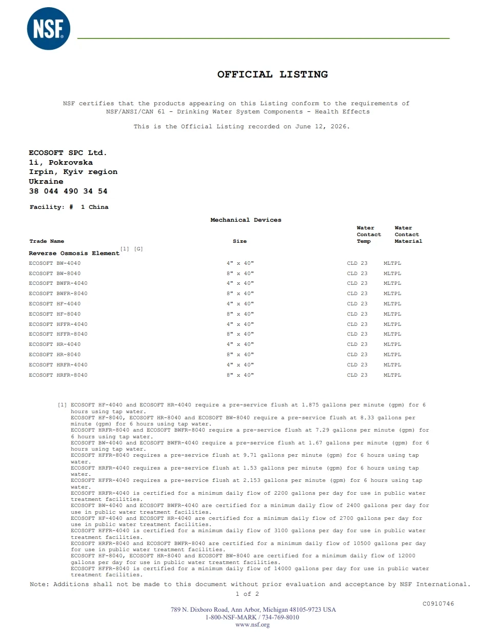 NSF Official Listing (USA) for Ecosoft Reverse Osmosis Membranes