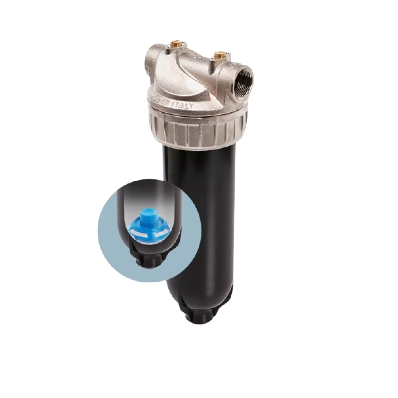 3P PA-R housing in natural brass 9 ¾" – 1" F with flush for hot water