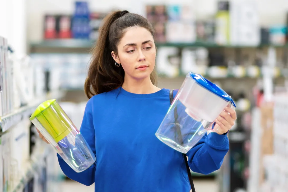 Woman comparing two water filter jugs in a store